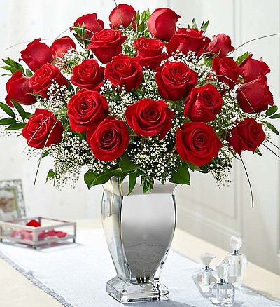 Premium Long Stem Red Roses in Silver Vase